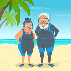 Senior adult divers. An active happy elderly couple standing on the sea beach.  Grandma and grandpa in a snorkel suit, diving wetsuit. People going to snorkeling. Vector cartoon illustration.