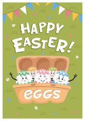 Happy easter poster. Colored eggs with cute faces in carton box. Easter eggs friends with funny faces. Egg hunt. Flat style vector illustration.
