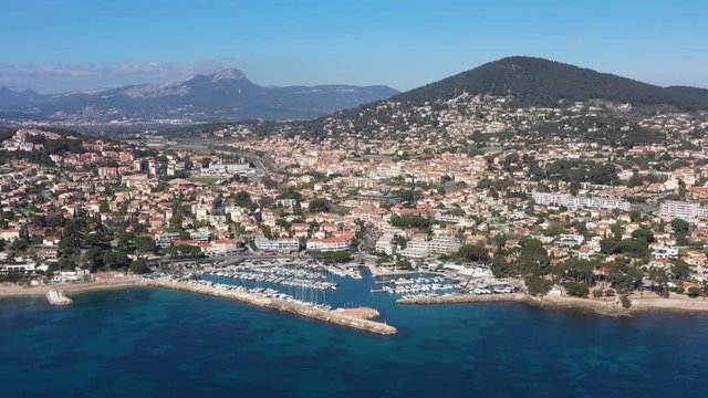 Seaside resort town Provence-Alpes-C&ocirc;te d'Azur aerial shot Carqueiranne France 