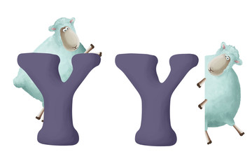 Cute little sheep with letter "Y" on white background. Learn alphabet clip art collection on white background