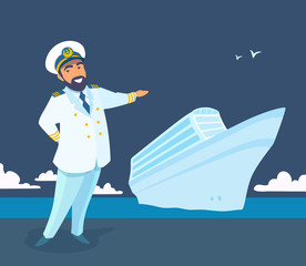 A captain of the ocean cruise liner invites to the board, pointing his hand, smiling. Sea voyage greeting. Welcome aboard. Vector cartoon illustration, blue sea background.
