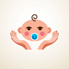 Cute baby cartoon vector flat icon, adorable happy child with nipple emoji. With mother or nanny tender hands of care. Can be used as a logo.