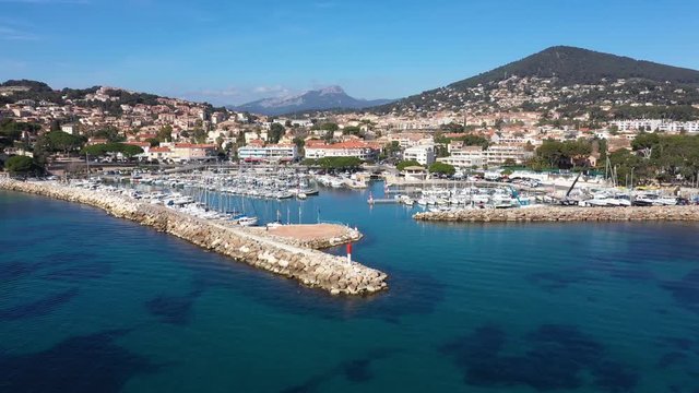 Carqueiranne harbor aerial shot sunny day France french riviera 