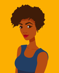 A portrait of a pretty young adult African American woman with an afro hairstyle. An attractive girl on a bright yellow background looks at the viewer. Vector cartoon illustration.
