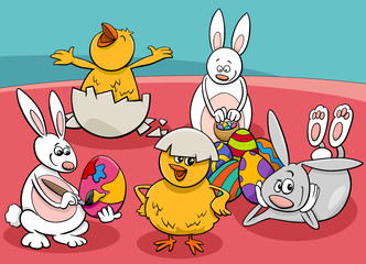 cartoon Easter characters group comic illustration