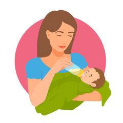 A young mother feeds a baby from a feeding bottle. A woman and a child looking at each other, smiling. Parenthood illustration. Cute baby eating.
