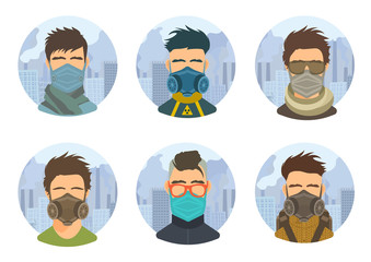 Urban air pollution. Avatars of the men wears respirators, protective masks, air filters. Town background with smoke stacks. Circle portraits icons. Vector illustration.