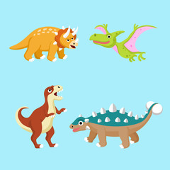 Set of cute dinosuars collection isolated on blue background for children and kids. Flat design vector illustration style.