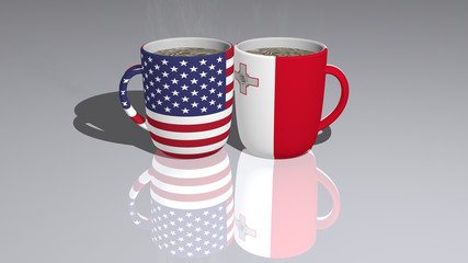 UNITED STATES OF AMERICA AND MALTA placed on a cup of hot coffee in a 3D illustration mirrored on the floor with a realistic