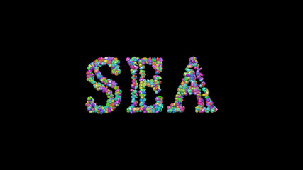 SEA: 3D illustration of the text made of small objects over a black background with shadows
