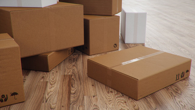 Heap of cardboard boxes for the delivery of goods, parcels, Cardboard boxes at home in a room on a wooden floor. Packages delivery, parcels transportation system concept, 3D illustration