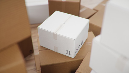 Heap of cardboard boxes for the delivery of goods, parcels, Cardboard boxes at home in a room on a wooden floor. Packages delivery, parcels transportation system concept, 3D illustration