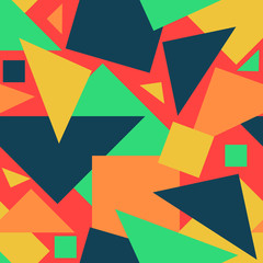 Seamless vector pattern with colourful geometrical shapes on light pink background. Fun textured wallpaper with squares and rectangles. 