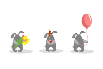 Cartoon cute bunnies with flowers, cake, balloon on white background. Set. Easter, birthday, children's holiday