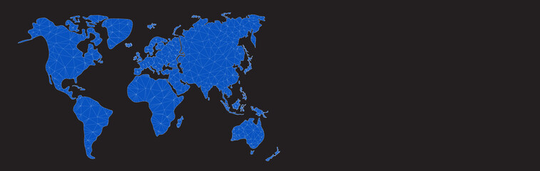 Blue polygonal world map on black background