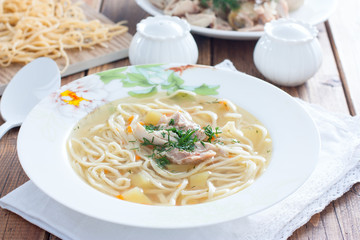 Homemade chicken soup with homemade egg noodles, horizontal