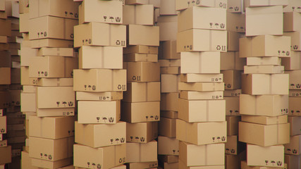 Background of cardboard boxes inside warehouse, logistic center. Warehouse filled with cardboard boxes. Mess in the warehouse, 3D illustration