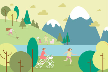 People in park. People character vector illustration flat design. Women on bicycle, with stroller, child, dog. Spring and summer landscape. Healthy weekend with family