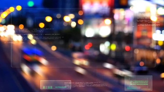 pan for rush hour traffic during the bridge crossing is crowded with many cars in evening and digital analysis AI