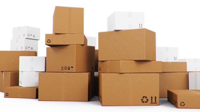 Pile, heap of cardboard boxes isolated on a white background. Cardboard boxes for the delivery of goods. Packages delivery, parcels transportation system concept, 3D illustration
