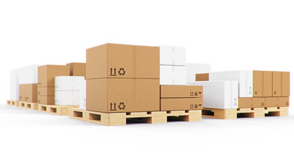 Cardboard boxes on wooden pallets isolated on a white background. Cardboard boxes for the delivery of goods. Packages delivery, parcels transportation system concept, 3D illustration