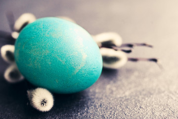 Bright blue egg and fluffy willow branches on a black background, closeup, soft focus. Easter background. 	