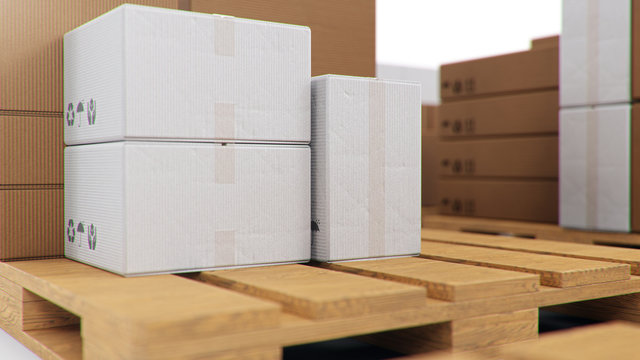 3D illustration cardboard boxes on wooden pallets isolated on a white background. Cardboard boxes for the delivery of goods. Packages delivery, parcels transportation system concept.