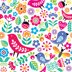 Naklejka na ściany i meble Scandinavian folk art vector seamless pattern with birds, flowers, spirng happy textile design inspired by traditional embroidery from Sweden, Norway and Denmark