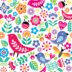Scandinavian folk art vector seamless pattern with birds, flowers, spirng happy textile design inspired by traditional embroidery from Sweden, Norway and Denmark