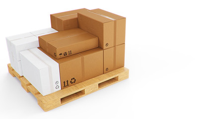 Fototapeta premium 3D illustration cardboard boxes on wooden pallets isolated on a white background. Cardboard boxes for the delivery of goods. Packages delivery, parcels transportation system concept.