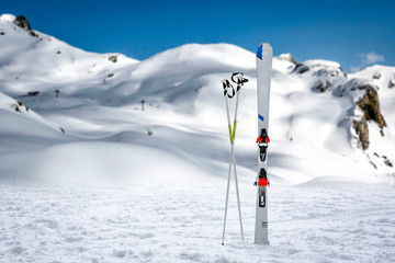 Winter ski in snow and cold winter day in Alps 