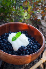 Fresh blueberries with sour cream, sugar and a mint leaf in a wooden bowl, selective focus