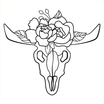 Cow skull with peonies bouquet. Bohemian design vector for stencils and cutout files.