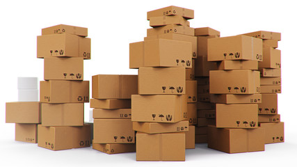 Pile, heap of cardboard boxes isolated on a white background. Cardboard boxes for the delivery of goods. Packages delivery, parcels transportation system concept, 3D illustration