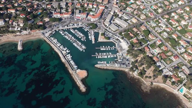 Carqueiranne harbor tourist seaside resort aerial shot France summer sunny day 
