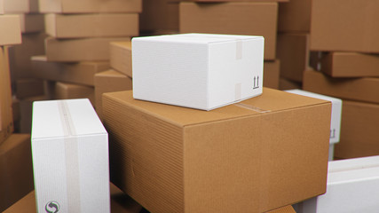 3D illustration background of cardboard boxes. Heap of cardboard boxes for the delivery of goods, parcels. Warehouse filled with boxes. Packages delivery, parcels transportation system concept.