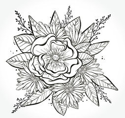 Hand drawn beautiful monochrome flowers isolated on background. Element for  special your day, wedding, birthday, Valentine's day, blogs, prints. Hand drawn vector illustration. 