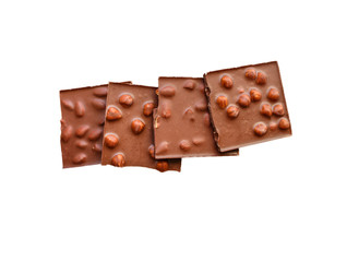 chocolate bar hazelnuts and almonds (delicious sweet dessert snack) menu concept. background. top view. copy space for text