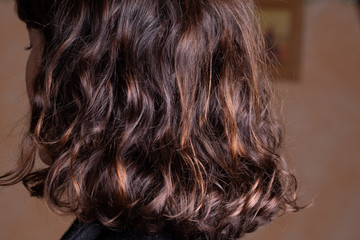Medium length clean shiny hair with natural waves. Blurred background with some copy space
