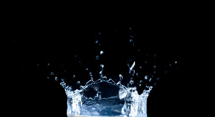 Water splash and drops isolated on black background.