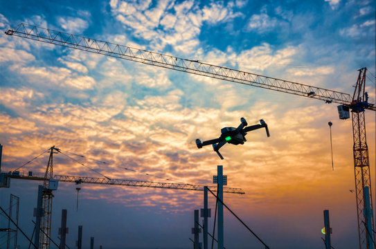 Drone Over Construction Site. Video Surveillance Or Industrial Inspection