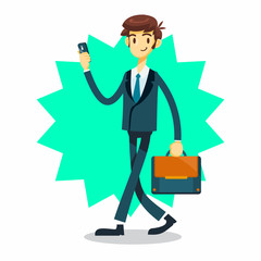 businessman cartoon character with walking and using hand phone pose