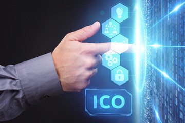 Business, Technology, Internet and network concept. Young businessman working on a virtual screen of the future and sees the inscription: