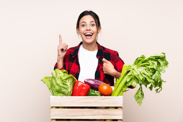 Farmer Woman holding fresh vegetables in a wooden basket with surprise facial expression