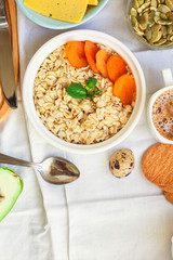 breakfast (oatmeal porridge, dairy products and more, snack) menu concept background. top view. copy space for text