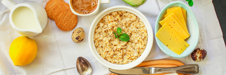 breakfast (oatmeal porridge, dairy products and more, snack) menu concept background. top view. copy space for text
