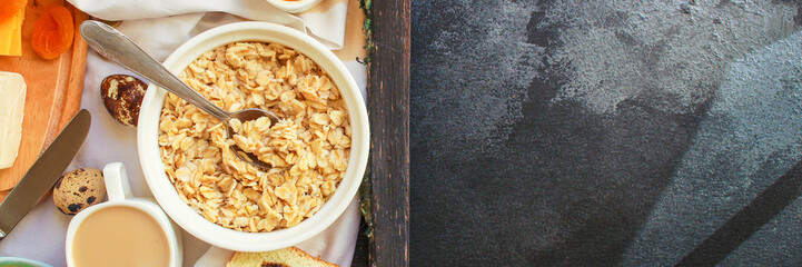 breakfast (oatmeal porridge, dairy products and more, snack) menu concept background. top view. copy space for text