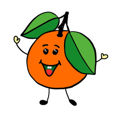 Simple vector sketch, tangerine fruit drawing. A ripe tangerine fruit with two green leaves.