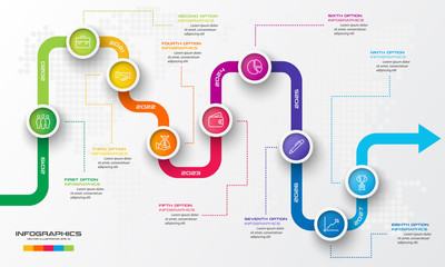 Timeline infographic template,Business concept with 9 options,Vector illustration.