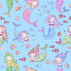 Mermaid seamless pattern. Cute little mermaids and underwater world design for wallpaper, fabric print, children book, fashion vector texture